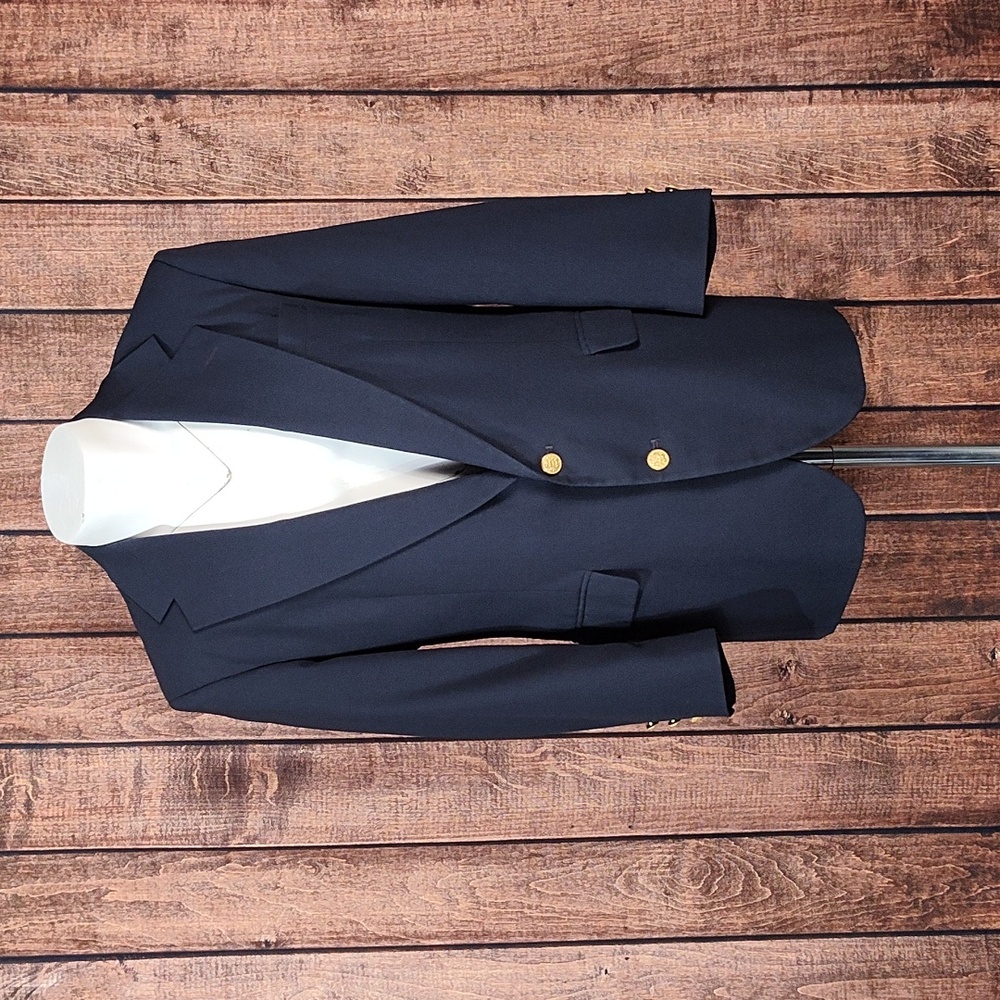 Like New Mens Haggar Gold Crested Metal Button Blue Blazer